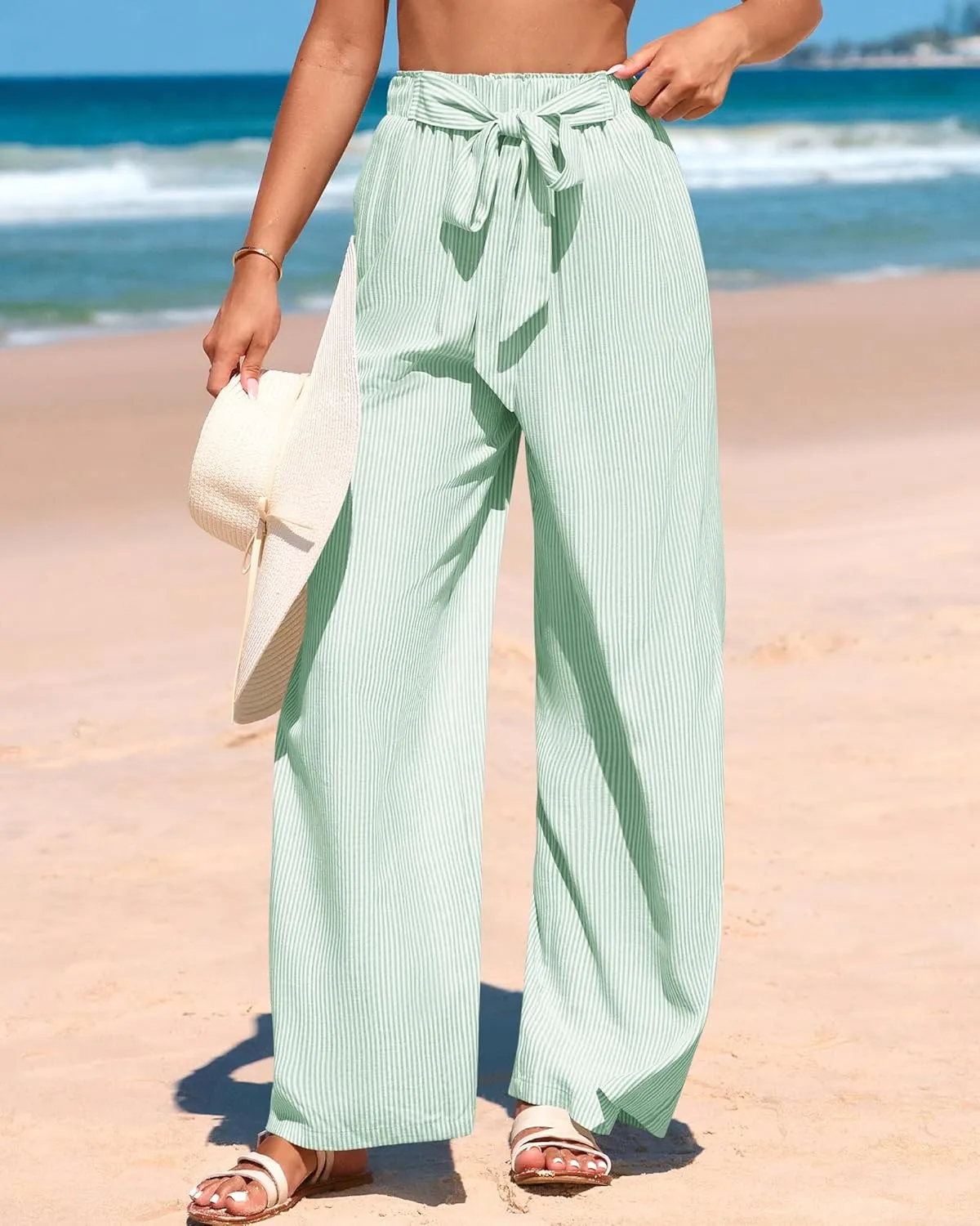 BTFBM Womens Striped Wide Leg Pants Dressy High Waist Trousers Business Casual Loose Flowy Tie Knot Palazzo Pants