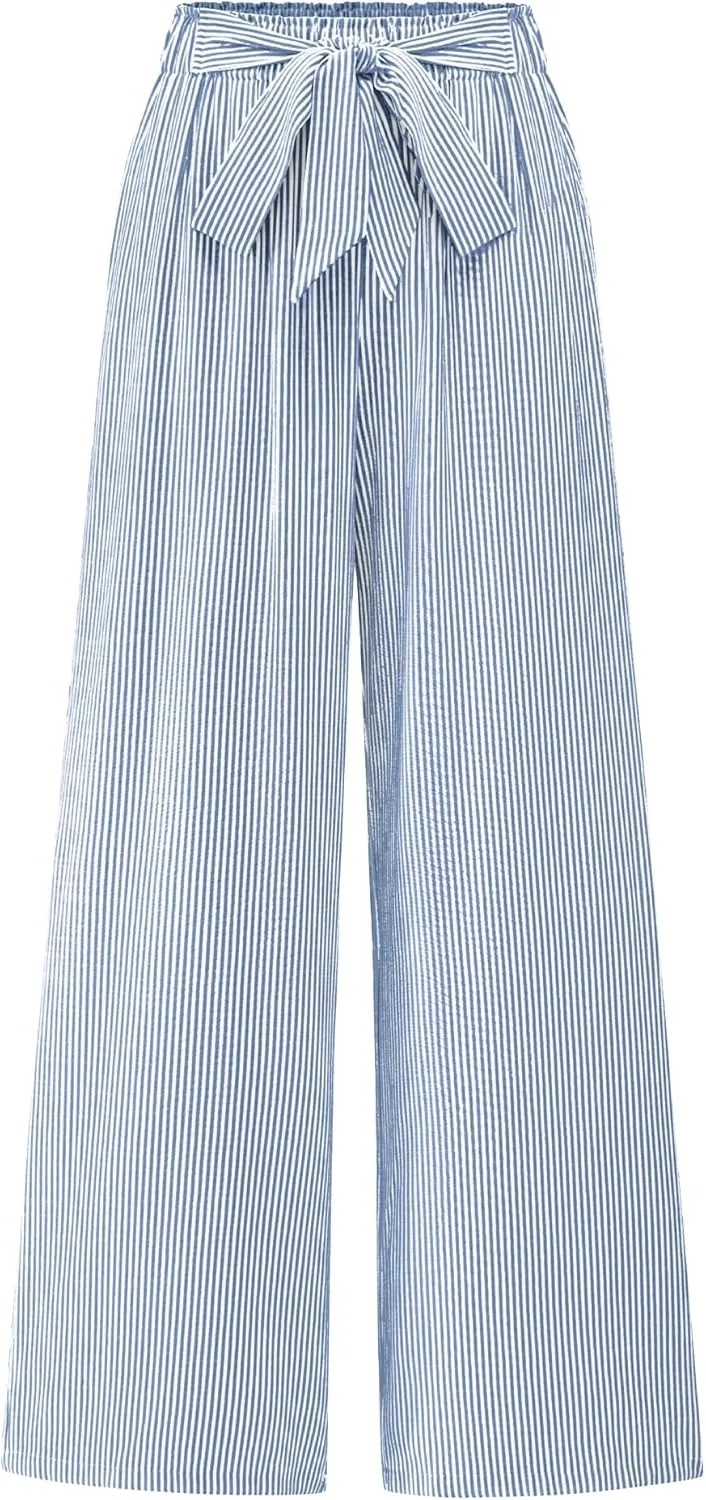 BTFBM Womens Striped Wide Leg Pants Dressy High Waist Trousers Business Casual Loose Flowy Tie Knot Palazzo Pants