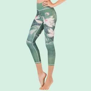 Buddha Stones Lotus Cherry Blossom Gradient Peacock Print Lycra Fabric Sports Cropped Leggings Women's Yoga Capri Pants