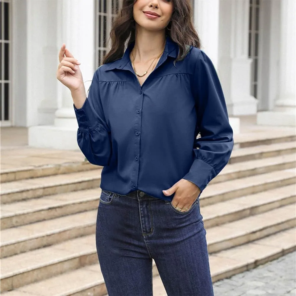 Button Down Shirts for Women Long Sleeve Collared Dress Shirts V Neck Plain Work Daily Casual Trendy Tops