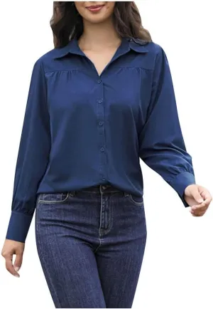 Button Down Shirts for Women Long Sleeve Collared Dress Shirts V Neck Plain Work Daily Casual Trendy Tops