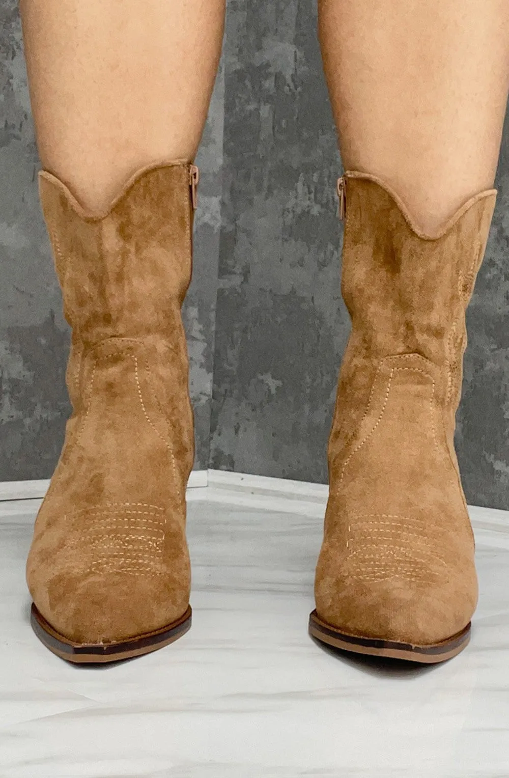 Camel Suede Cowboy Ankle Boots