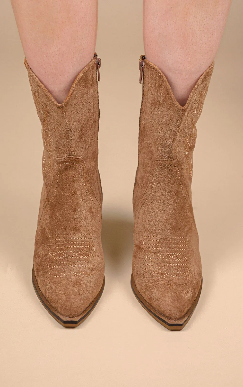 Camel Suede Cowboy Ankle Boots