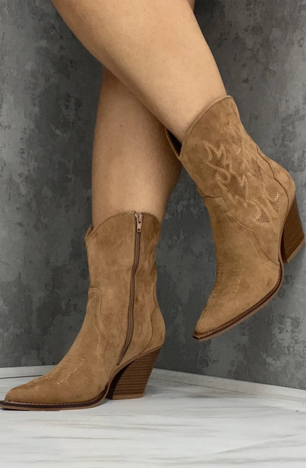 Camel Suede Cowboy Ankle Boots