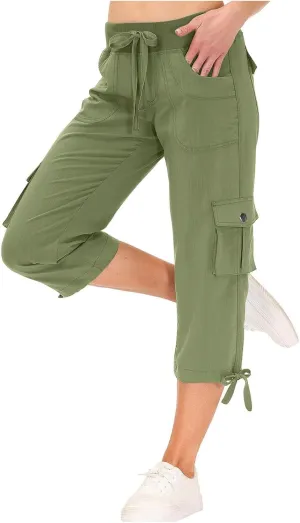 Cargo Capri Pants for Women High Waisted Relaxed Fit Elastic Waist Casual Capris Summer Cropped Pants Hiking Trousers