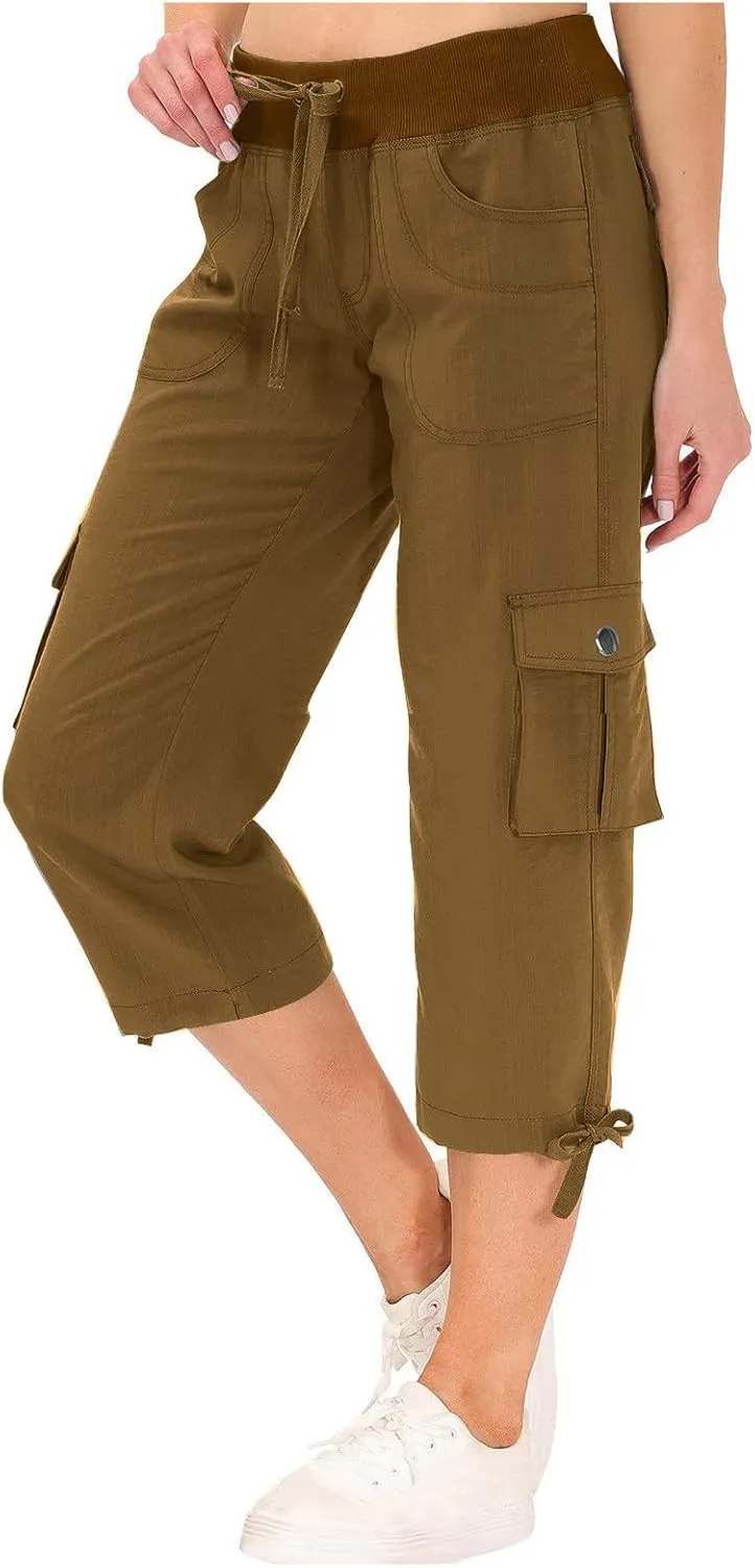 Cargo Capri Pants for Women High Waisted Relaxed Fit Elastic Waist Casual Capris Summer Cropped Pants Hiking Trousers