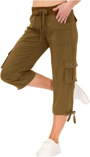 Cargo Capri Pants for Women High Waisted Relaxed Fit Elastic Waist Casual Capris Summer Cropped Pants Hiking Trousers