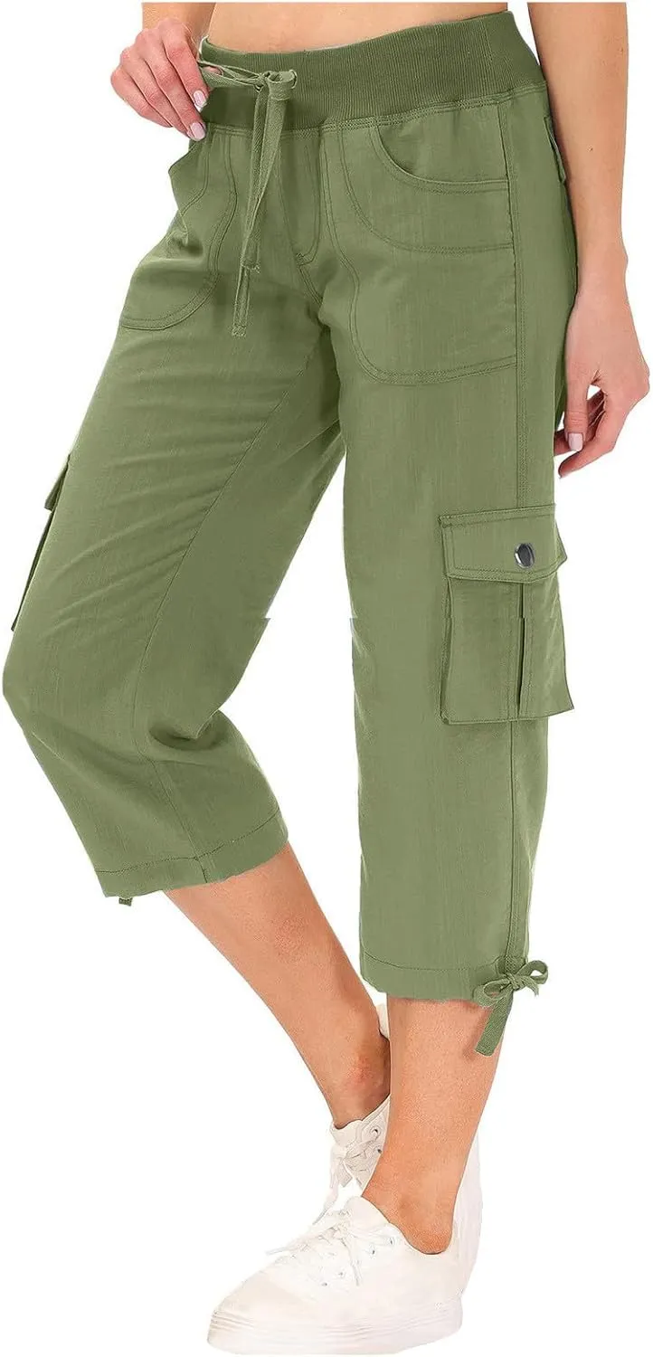 Cargo Capri Pants for Women High Waisted Relaxed Fit Elastic Waist Casual Capris Summer Cropped Pants Hiking Trousers