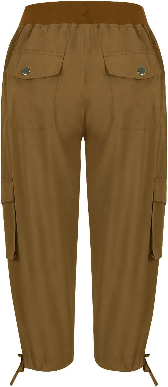 Cargo Capri Pants for Women High Waisted Relaxed Fit Elastic Waist Casual Capris Summer Cropped Pants Hiking Trousers