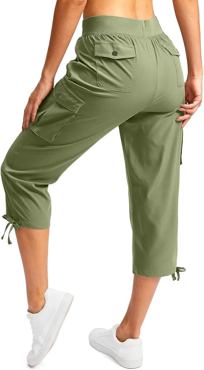 Cargo Capri Pants for Women High Waisted Relaxed Fit Elastic Waist Casual Capris Summer Cropped Pants Hiking Trousers