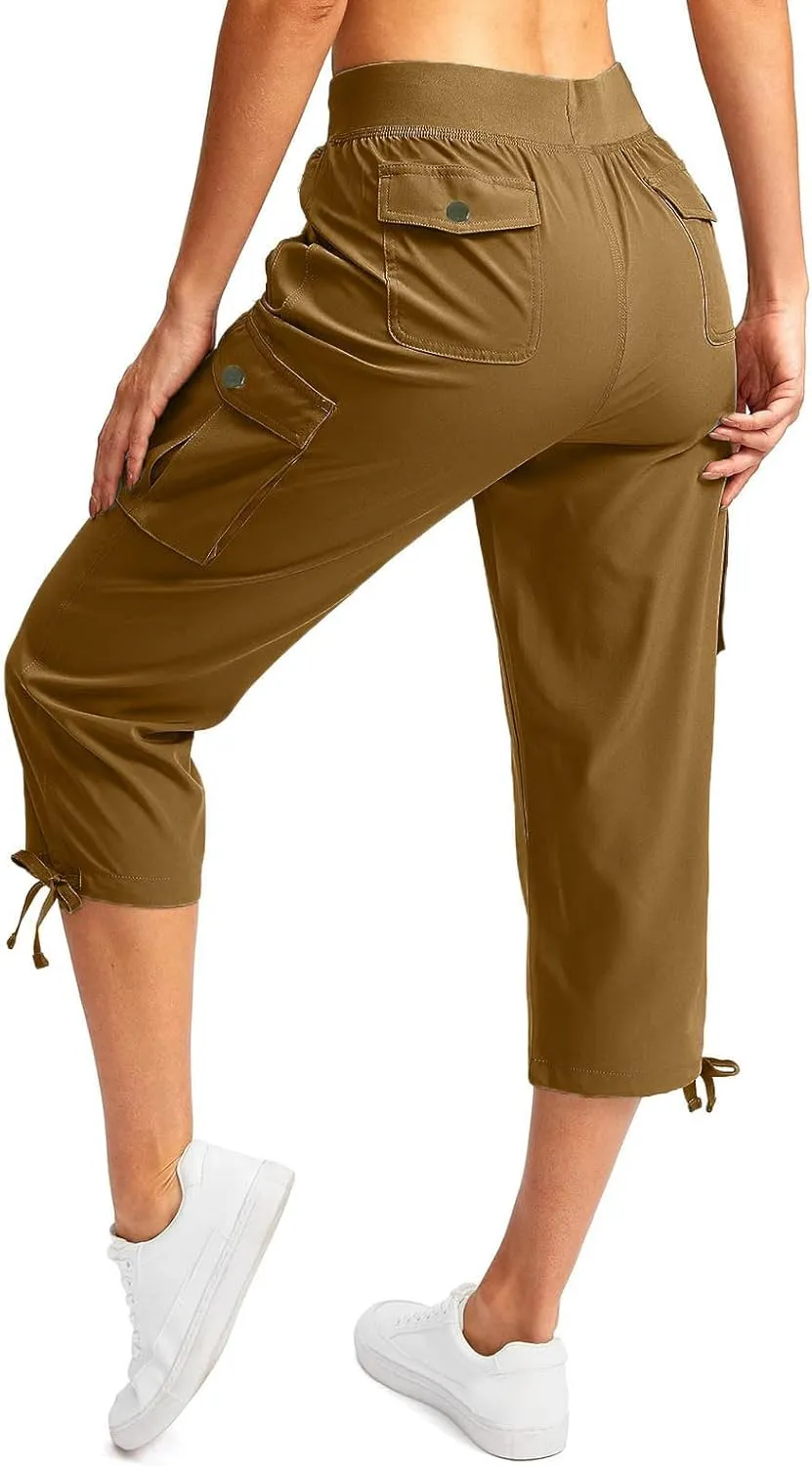 Cargo Capri Pants for Women High Waisted Relaxed Fit Elastic Waist Casual Capris Summer Cropped Pants Hiking Trousers