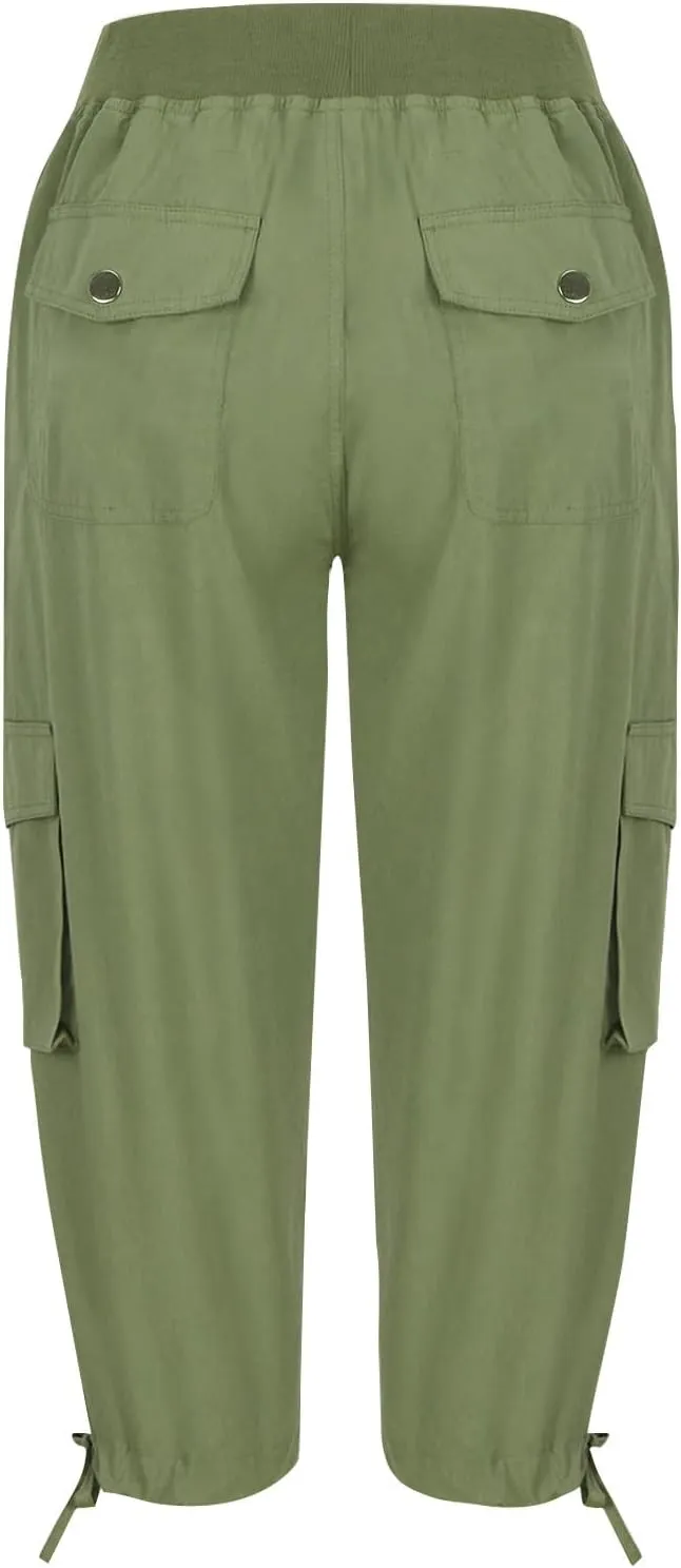 Cargo Capri Pants for Women High Waisted Relaxed Fit Elastic Waist Casual Capris Summer Cropped Pants Hiking Trousers