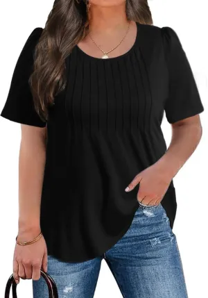 CARRROTMOB Plus Size Womens Summer Tops Puff Short Sleeve Crew Neck Pleated T Shirts Loose Dressy Casual Blouses