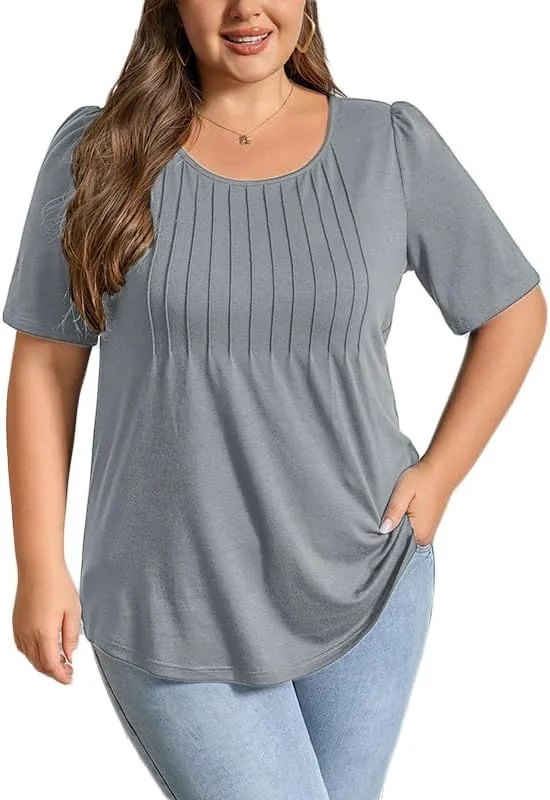 CARRROTMOB Plus Size Womens Summer Tops Puff Short Sleeve Crew Neck Pleated T Shirts Loose Dressy Casual Blouses