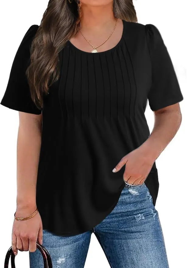 CARRROTMOB Plus Size Womens Summer Tops Puff Short Sleeve Crew Neck Pleated T Shirts Loose Dressy Casual Blouses