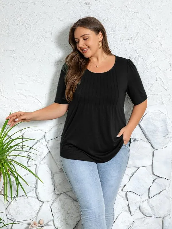 CARRROTMOB Plus Size Womens Summer Tops Puff Short Sleeve Crew Neck Pleated T Shirts Loose Dressy Casual Blouses