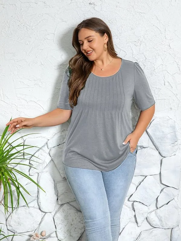 CARRROTMOB Plus Size Womens Summer Tops Puff Short Sleeve Crew Neck Pleated T Shirts Loose Dressy Casual Blouses