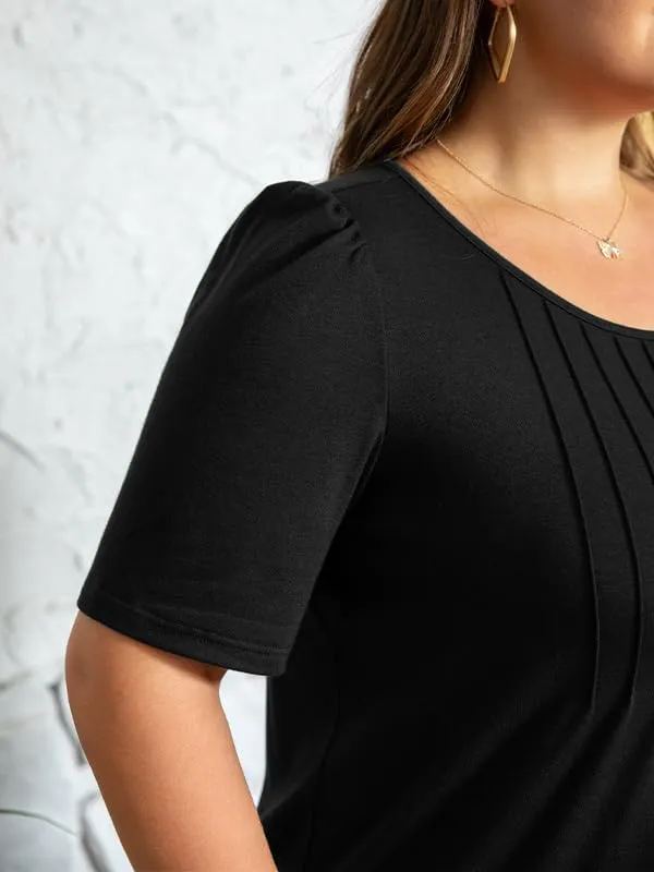 CARRROTMOB Plus Size Womens Summer Tops Puff Short Sleeve Crew Neck Pleated T Shirts Loose Dressy Casual Blouses