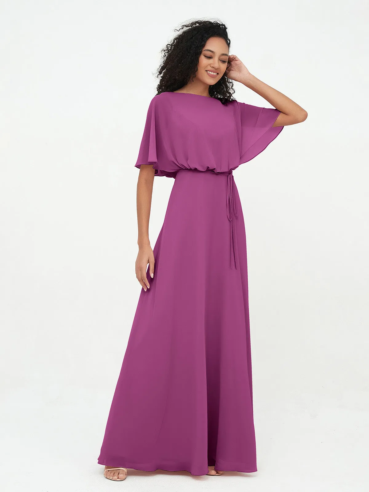 Chiffon Full Length Bridesmaid Dresses with Wrap Orchid