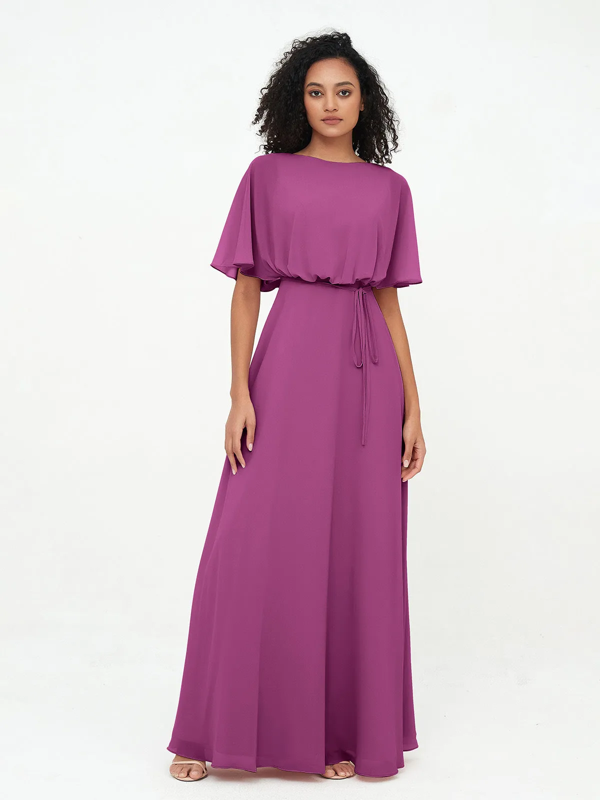 Chiffon Full Length Bridesmaid Dresses with Wrap Orchid