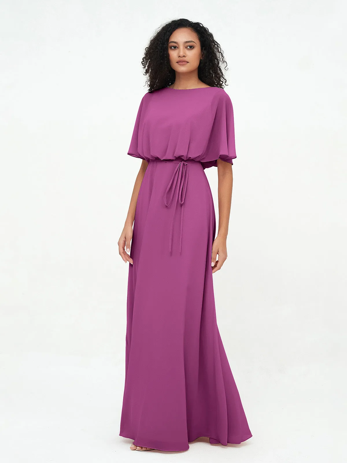 Chiffon Full Length Bridesmaid Dresses with Wrap Orchid