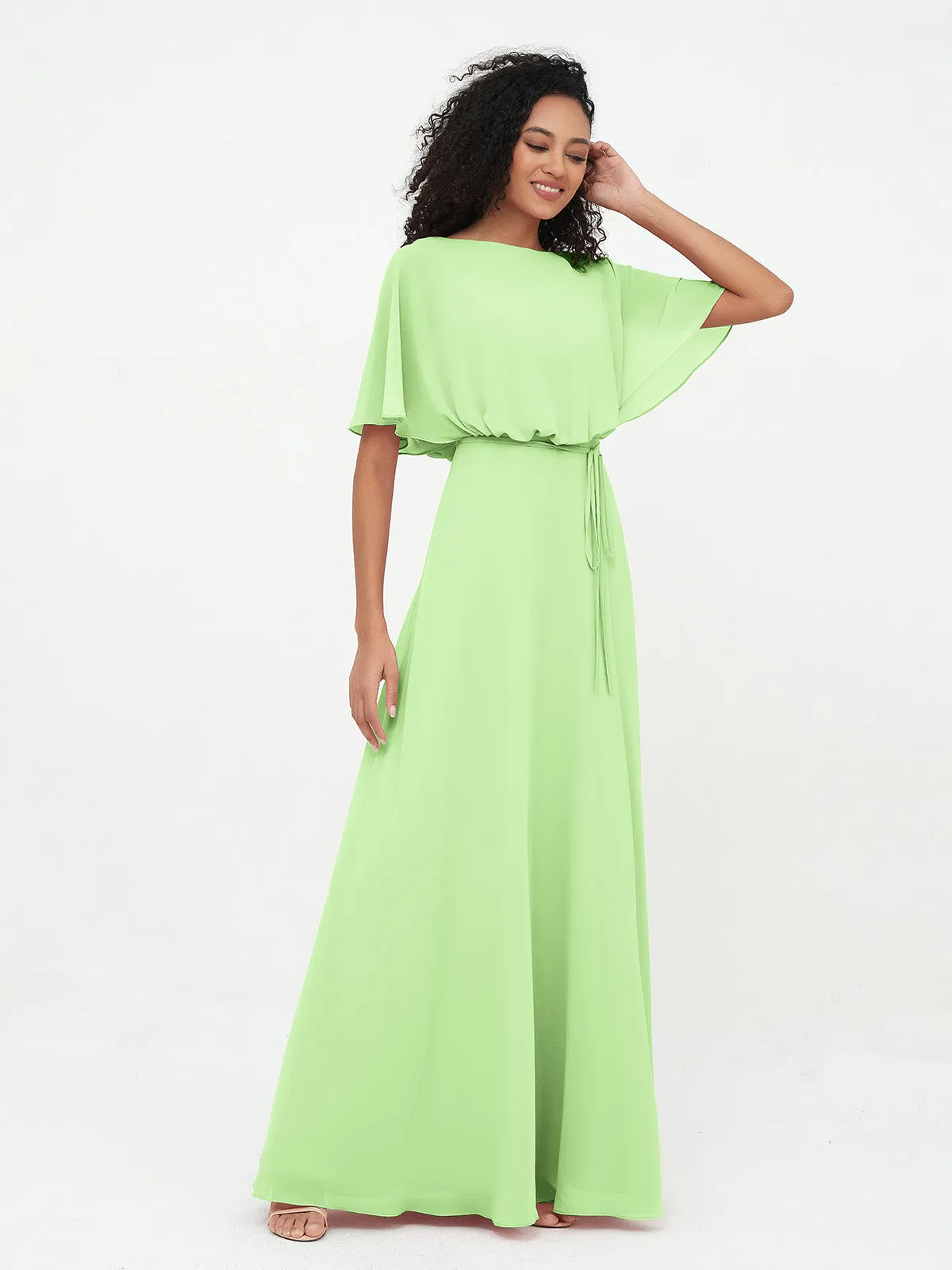 Chiffon Full Length Bridesmaid Dresses with Wrap Sage Plus Size