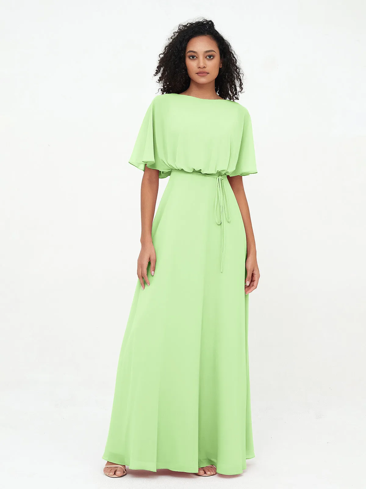 Chiffon Full Length Bridesmaid Dresses with Wrap Sage Plus Size