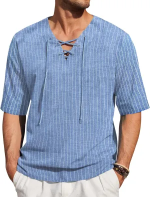 COOFANDY Men Linen Cotton Shirt Beach Lace Up V Neck Shirts Hippie Viking Meditation Tunic