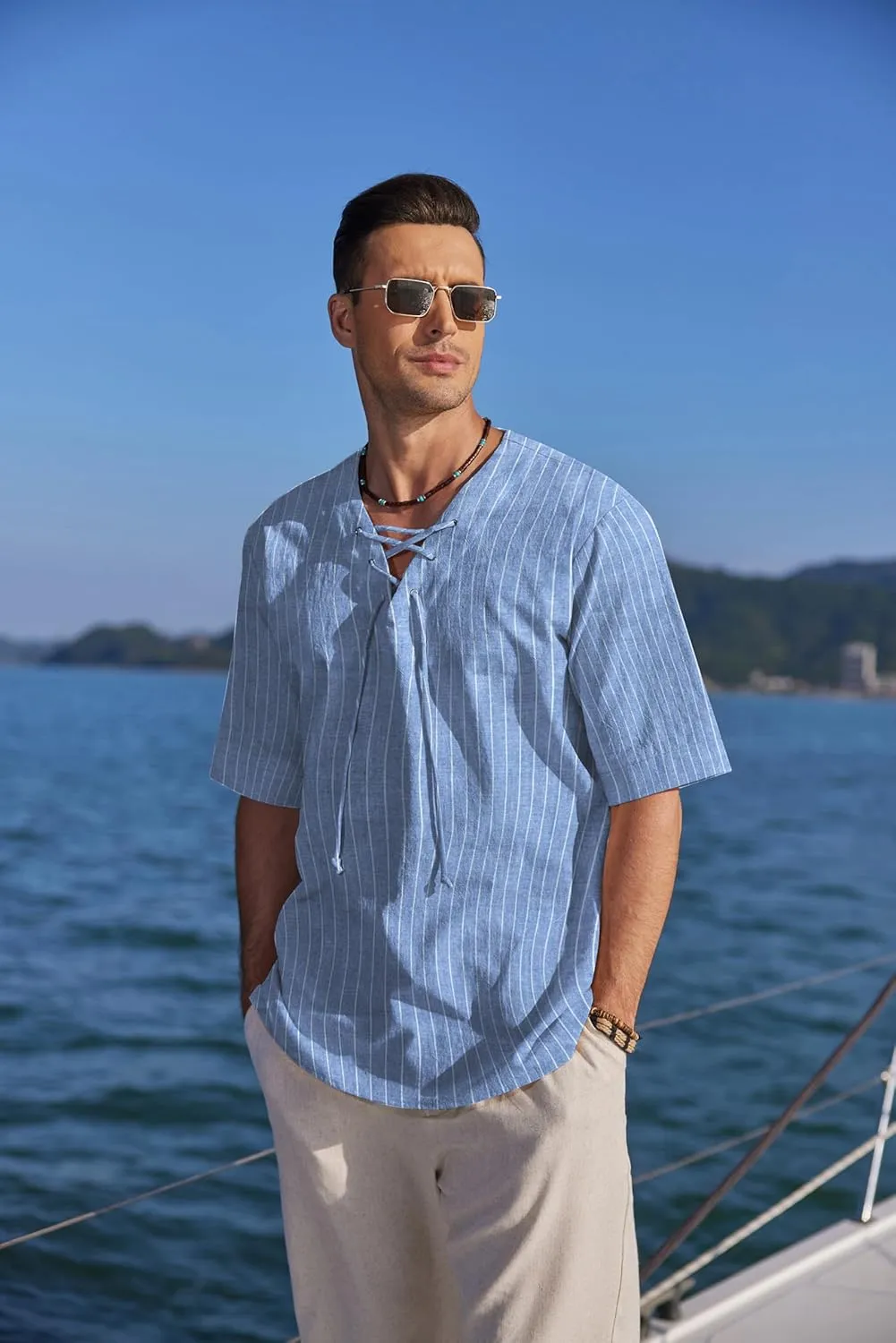 COOFANDY Men Linen Cotton Shirt Beach Lace Up V Neck Shirts Hippie Viking Meditation Tunic