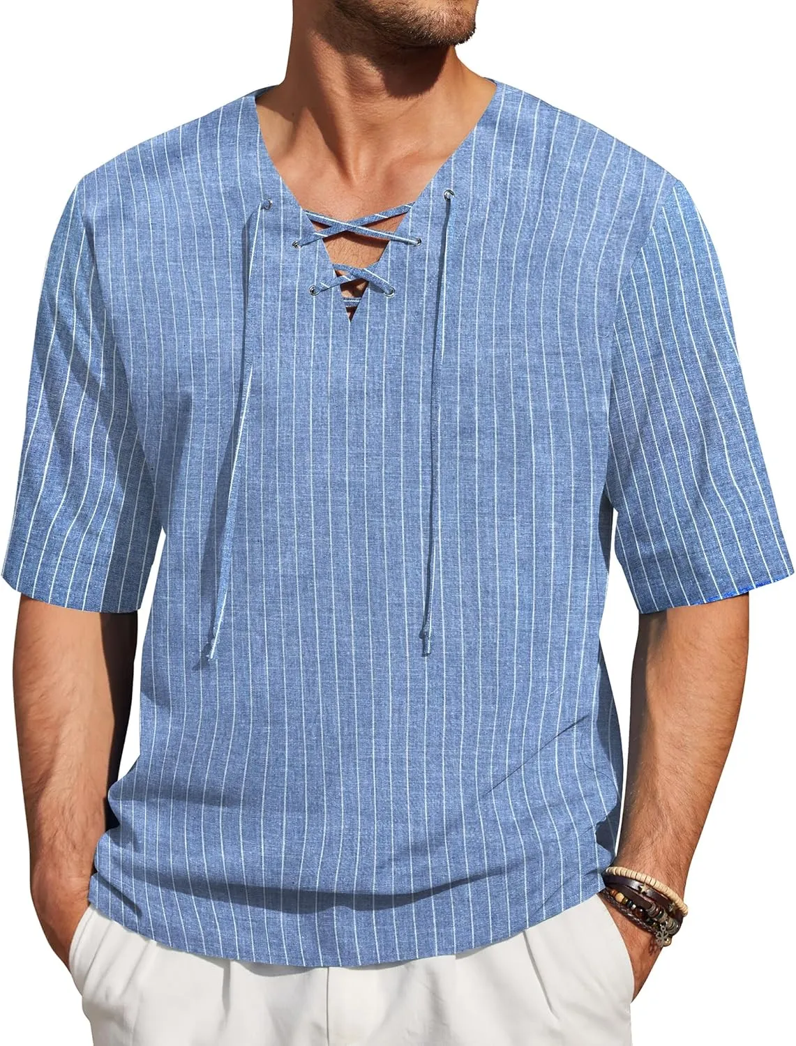 COOFANDY Men Linen Cotton Shirt Beach Lace Up V Neck Shirts Hippie Viking Meditation Tunic
