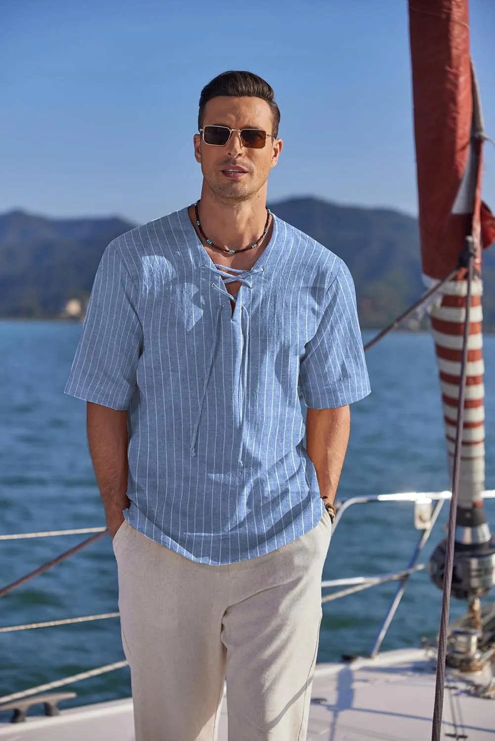 COOFANDY Men Linen Cotton Shirt Beach Lace Up V Neck Shirts Hippie Viking Meditation Tunic