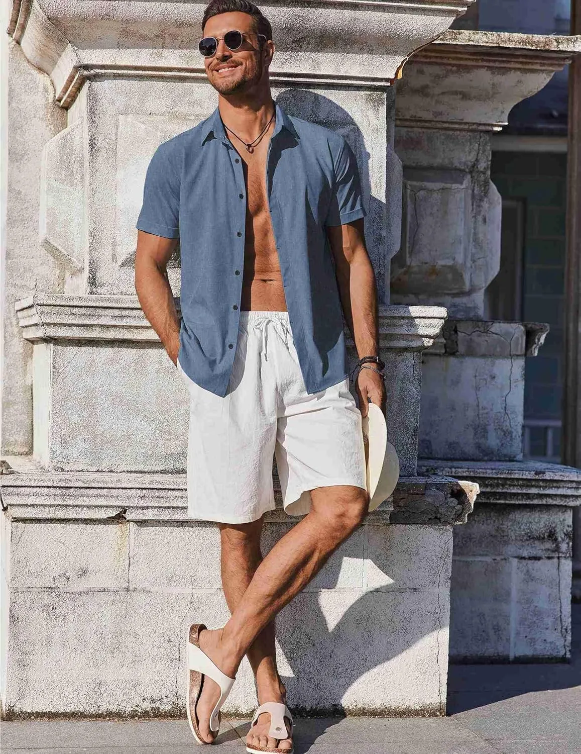 COOFANDY Mens Button Down Shirts Short Sleeve Casual Summer Beach Shirts for Men Vacation Wedding Linen Shirt