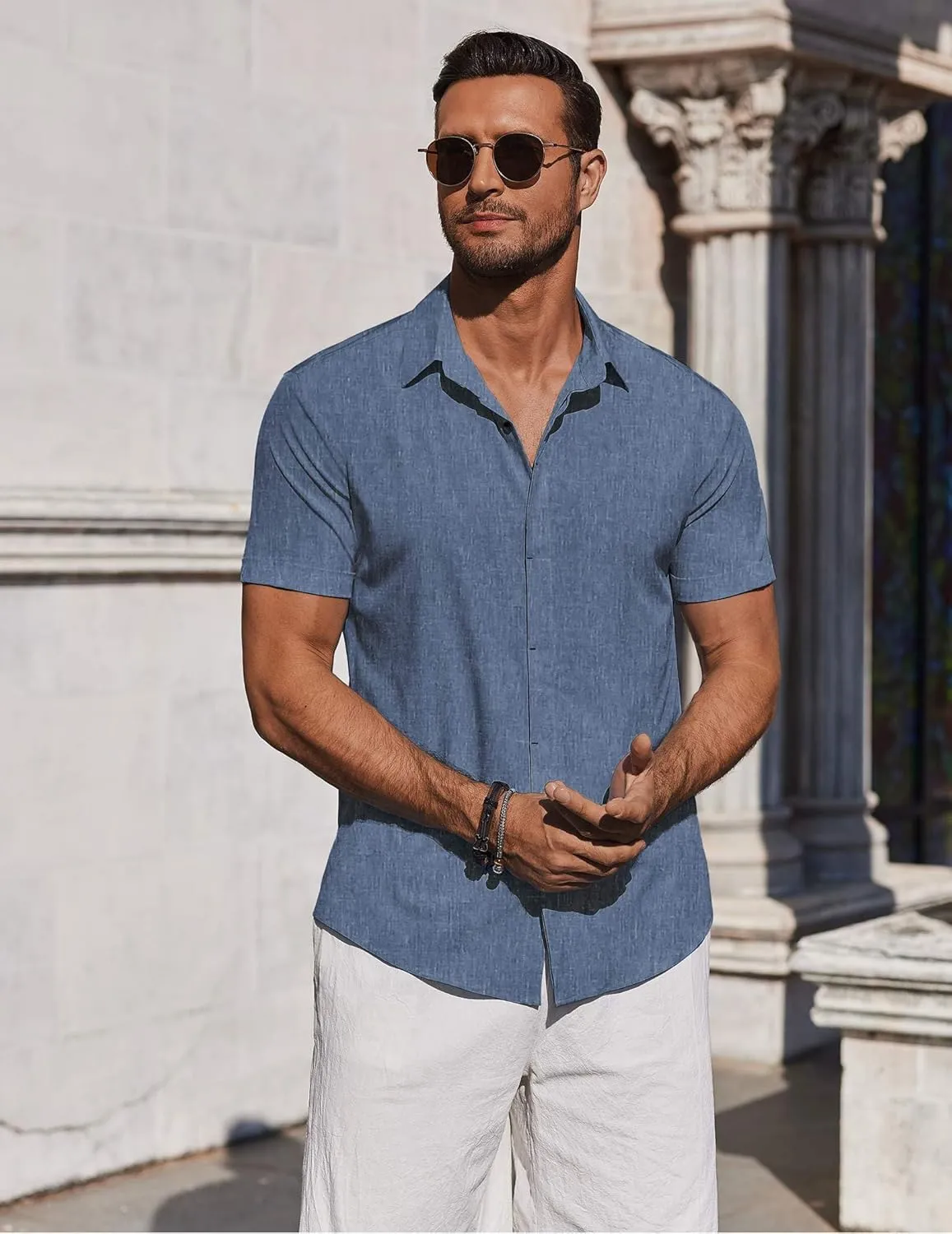COOFANDY Mens Button Down Shirts Short Sleeve Casual Summer Beach Shirts for Men Vacation Wedding Linen Shirt