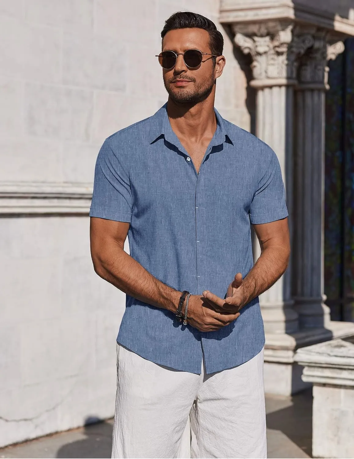 COOFANDY Mens Button Down Shirts Short Sleeve Casual Summer Beach Shirts for Men Vacation Wedding Linen Shirt