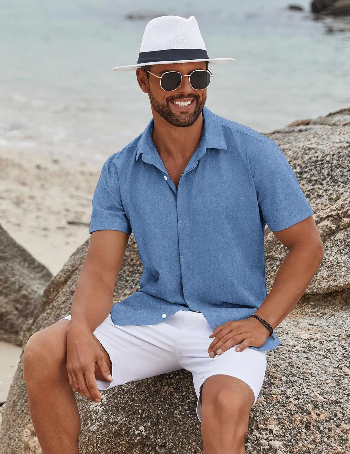 COOFANDY Mens Button Down Shirts Short Sleeve Casual Summer Beach Shirts for Men Vacation Wedding Linen Shirt
