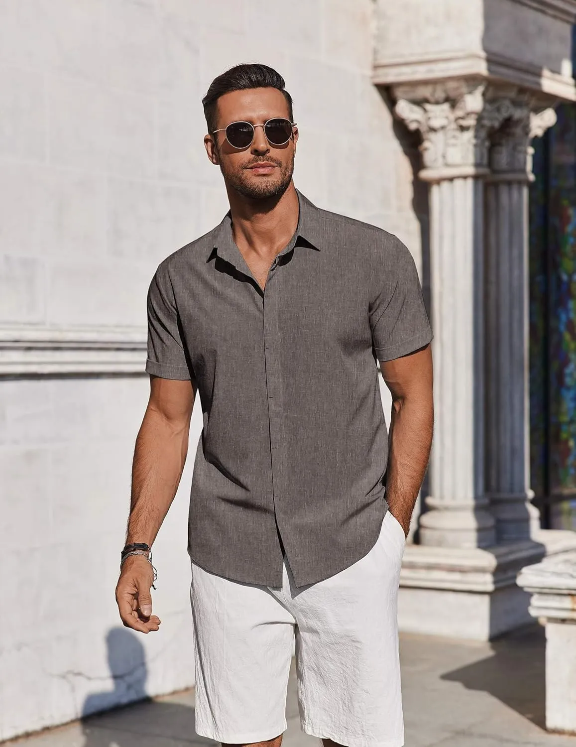 COOFANDY Mens Button Down Shirts Short Sleeve Casual Summer Beach Shirts for Men Vacation Wedding Linen Shirt