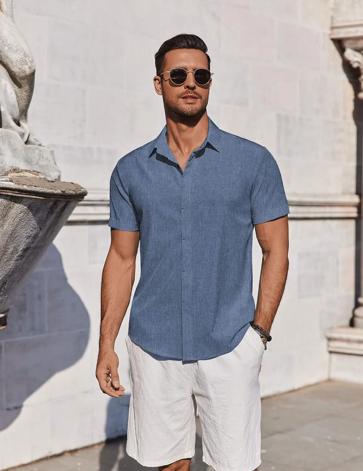 COOFANDY Mens Button Down Shirts Short Sleeve Casual Summer Beach Shirts for Men Vacation Wedding Linen Shirt