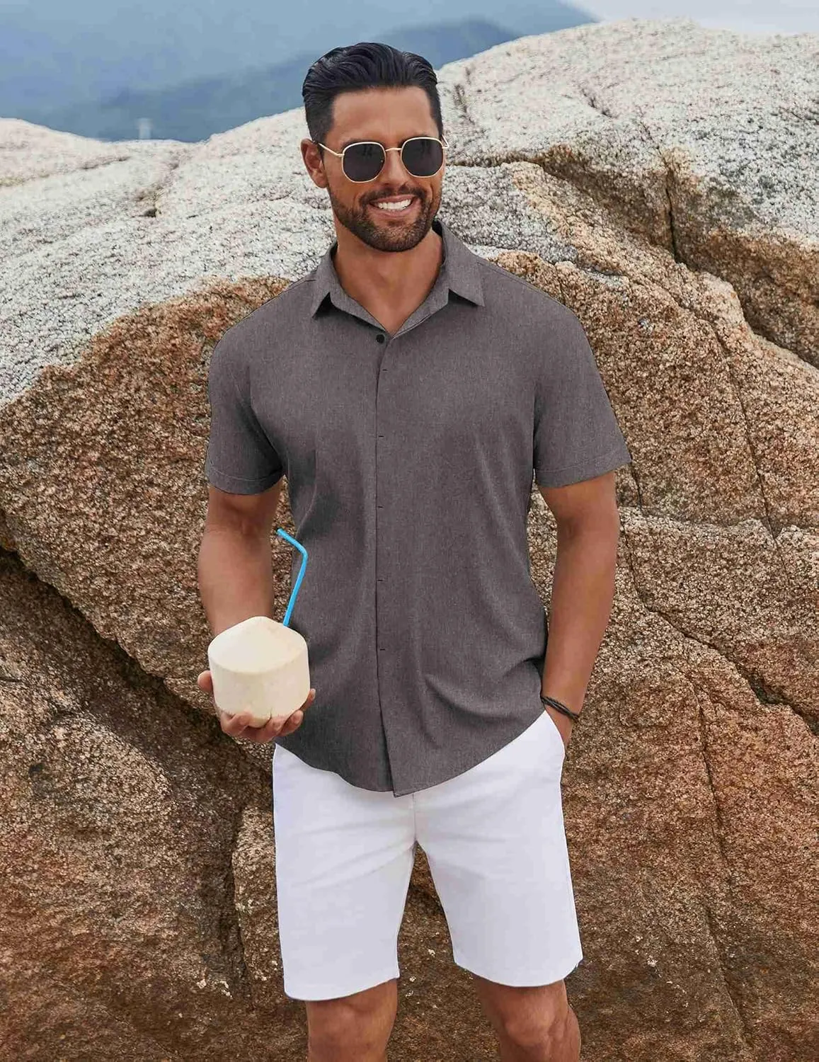 COOFANDY Mens Button Down Shirts Short Sleeve Casual Summer Beach Shirts for Men Vacation Wedding Linen Shirt