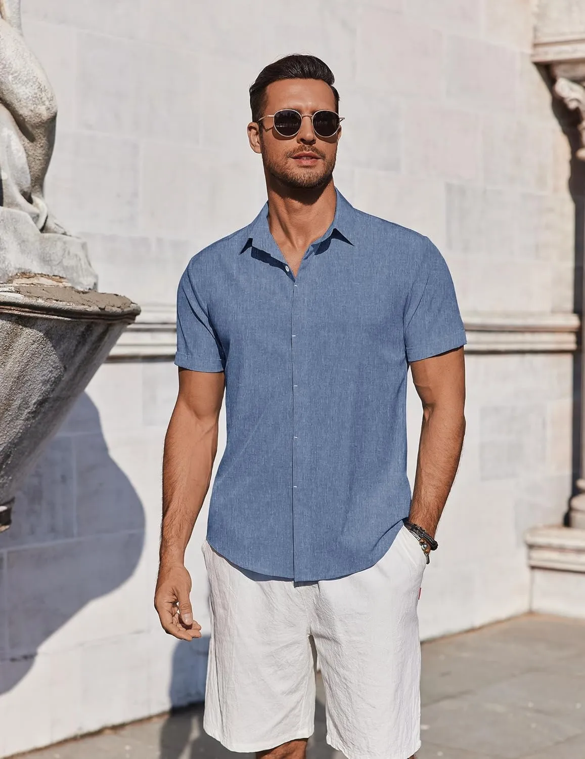 COOFANDY Mens Button Down Shirts Short Sleeve Casual Summer Beach Shirts for Men Vacation Wedding Linen Shirt