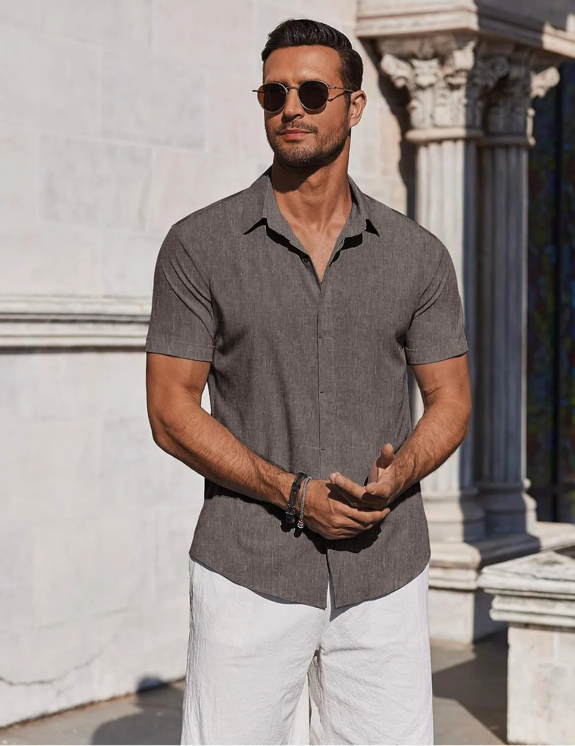 COOFANDY Mens Button Down Shirts Short Sleeve Casual Summer Beach Shirts for Men Vacation Wedding Linen Shirt