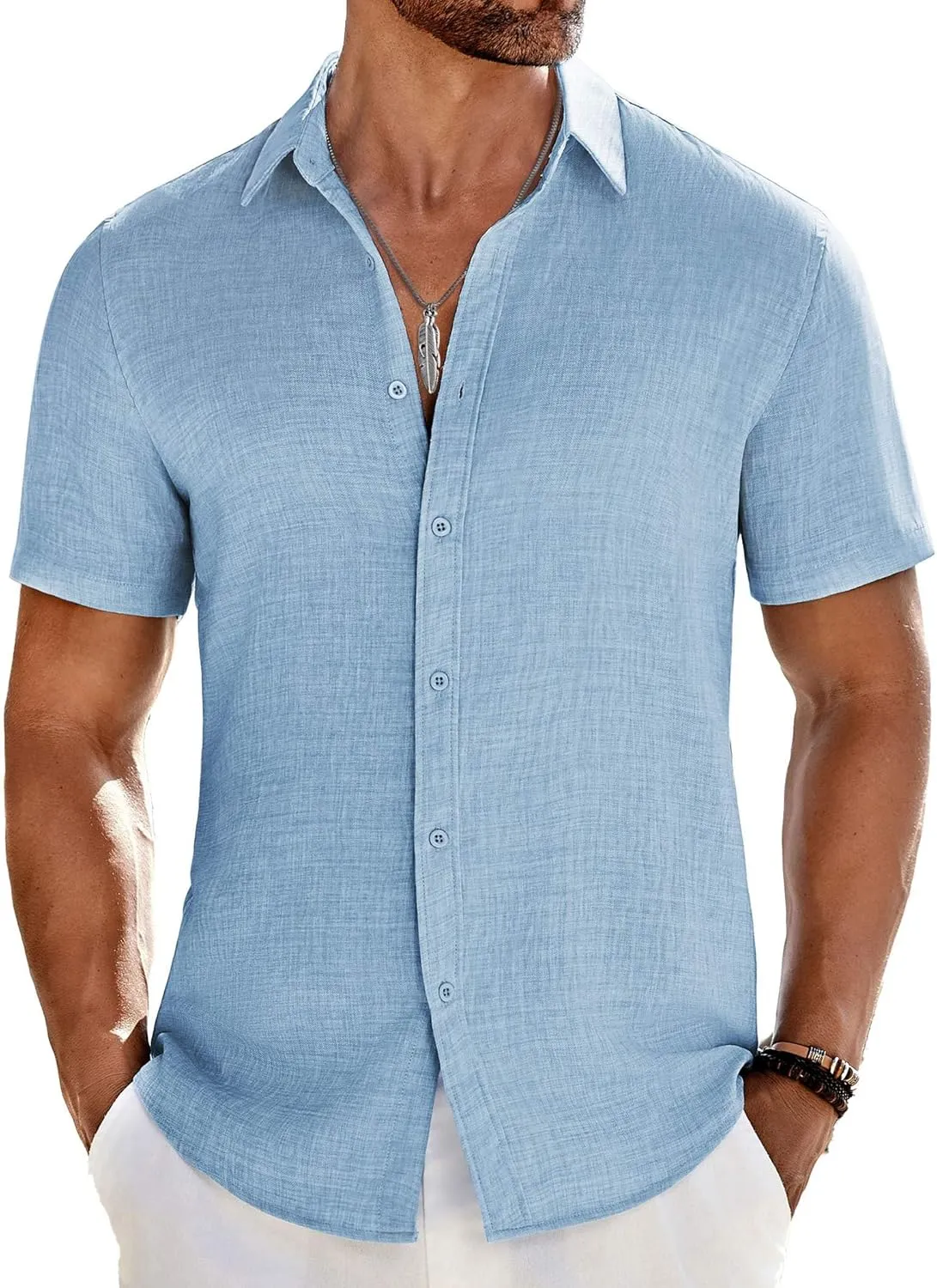 COOFANDY Men's Casual Button Down Shirts Short Sleeve Textured Summer Beach Shirt