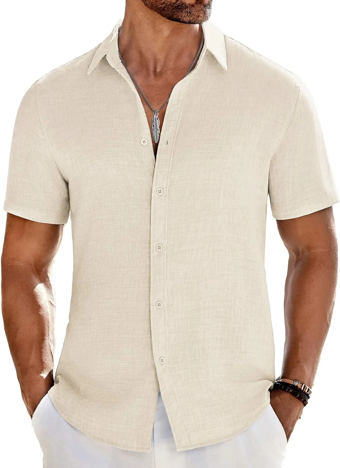COOFANDY Men's Casual Button Down Shirts Short Sleeve Textured Summer Beach Shirt