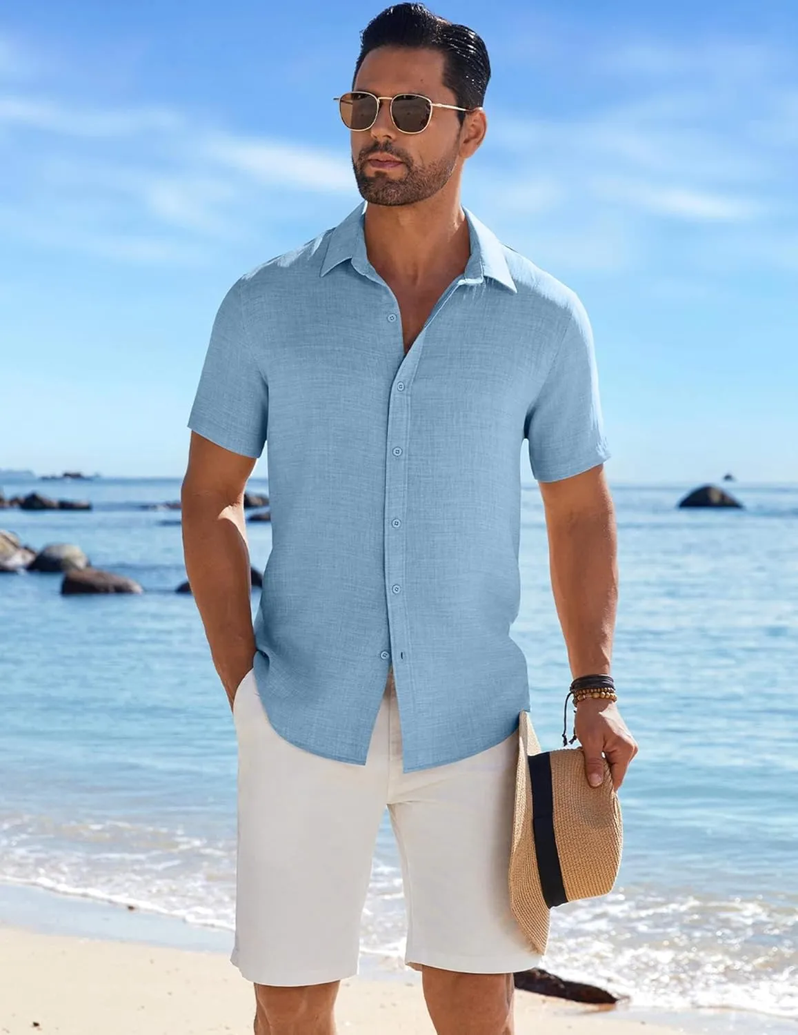COOFANDY Men's Casual Button Down Shirts Short Sleeve Textured Summer Beach Shirt