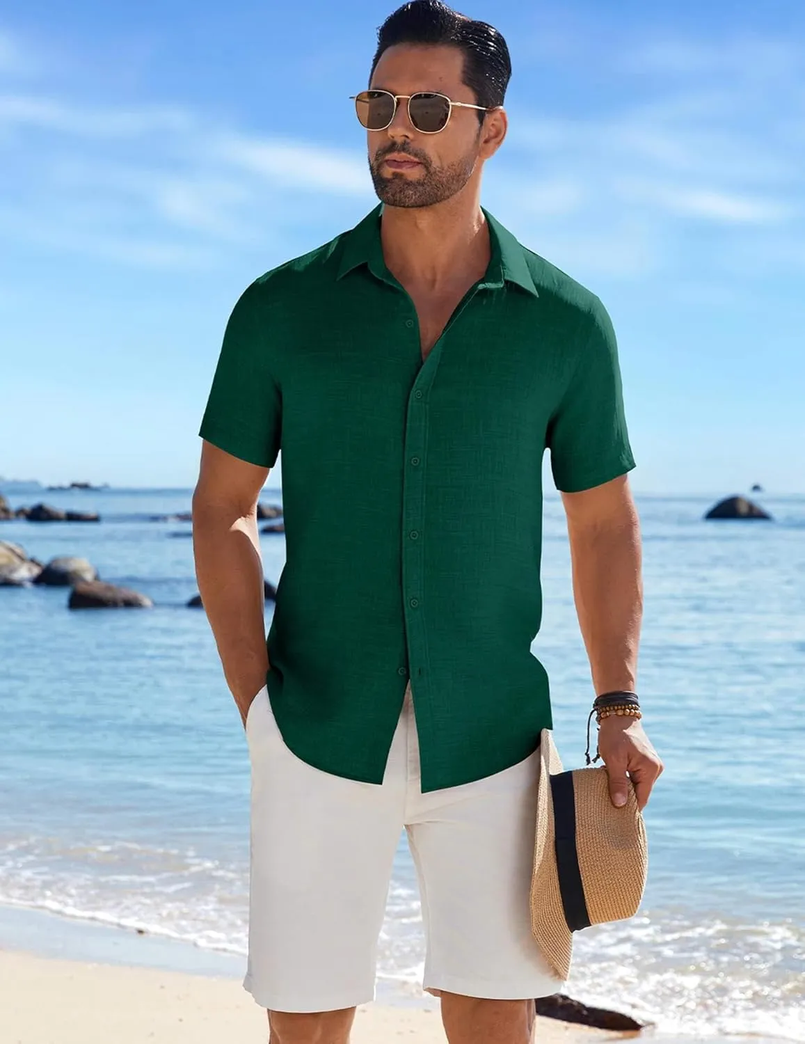 COOFANDY Men's Casual Button Down Shirts Short Sleeve Textured Summer Beach Shirt