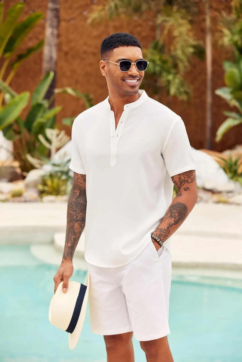 COOFANDY Men's Casual Henley Shirt Short Sleeve Summer Shirts Linen Band Collar Summer Beach Hippie T-Shirts