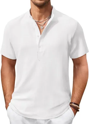 COOFANDY Men's Casual Henley Shirt Short Sleeve Summer Shirts Linen Band Collar Summer Beach Hippie T-Shirts
