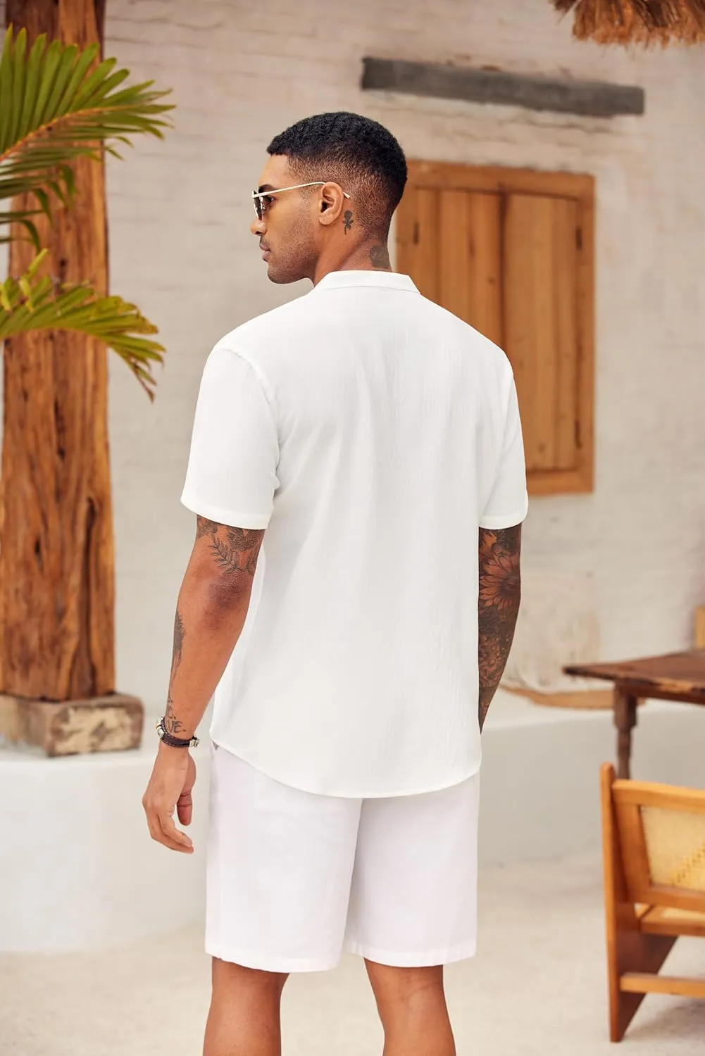 COOFANDY Men's Casual Henley Shirt Short Sleeve Summer Shirts Linen Band Collar Summer Beach Hippie T-Shirts