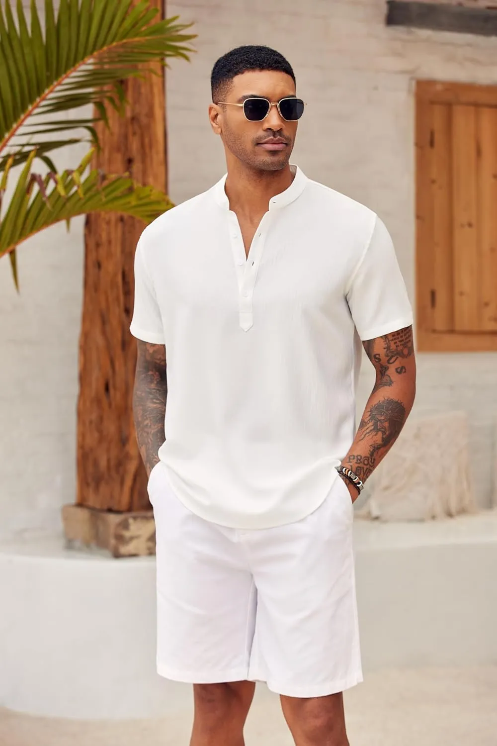 COOFANDY Men's Casual Henley Shirt Short Sleeve Summer Shirts Linen Band Collar Summer Beach Hippie T-Shirts
