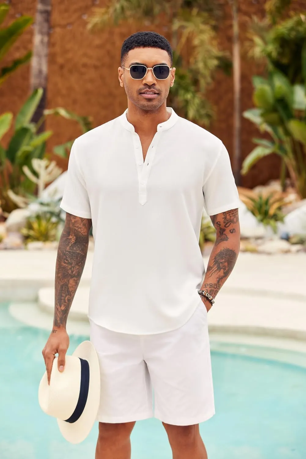 COOFANDY Men's Casual Henley Shirt Short Sleeve Summer Shirts Linen Band Collar Summer Beach Hippie T-Shirts