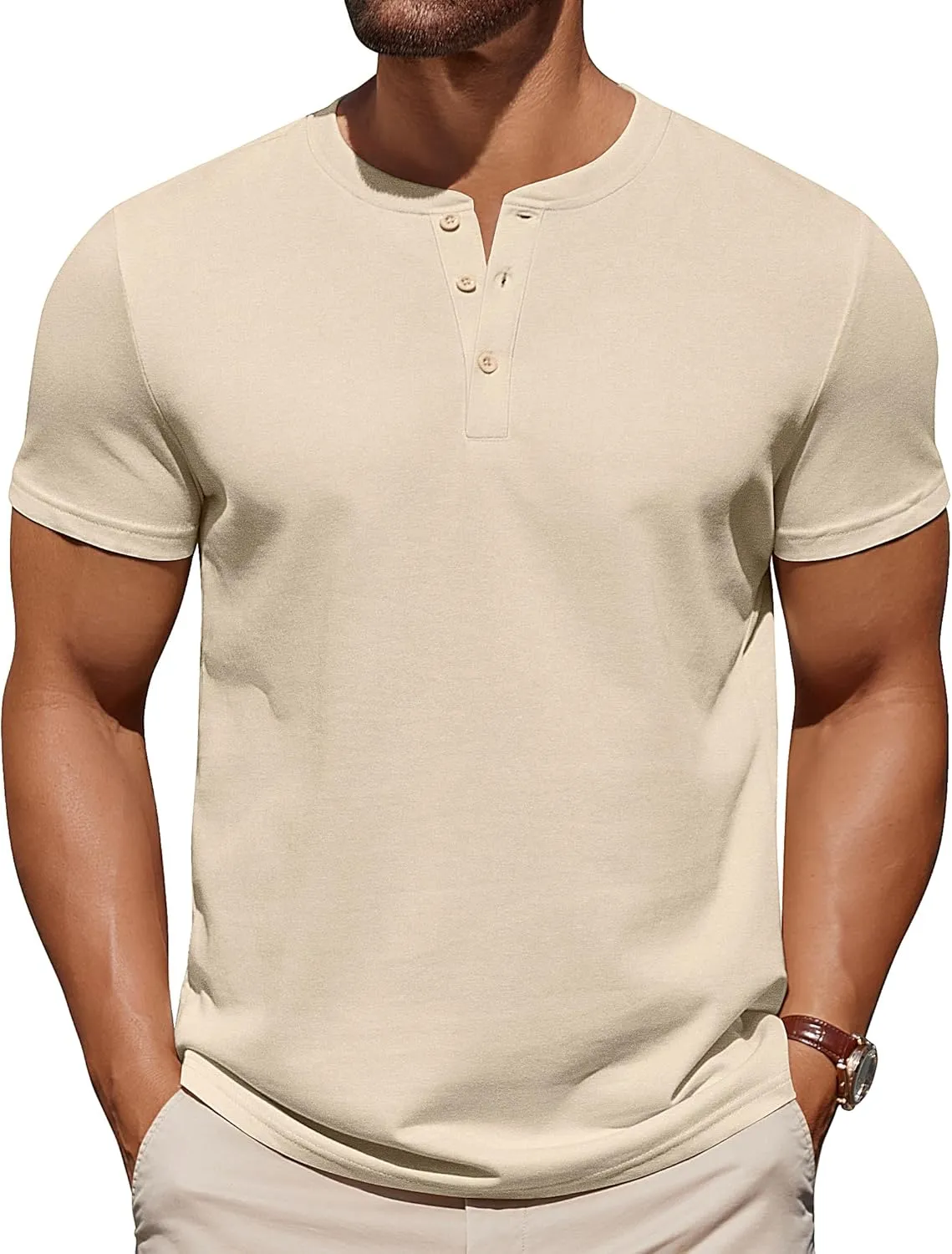 COOFANDY Mens Cotton Henley T-Shirts Short Sleeve Button Casual Basic Tees Work Shirts with Split Side